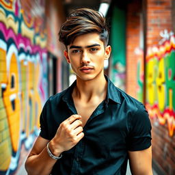 A stylish young man wearing a sleek black shirt, confidently posing in a modern urban environment