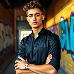A stylish young man wearing a sleek black shirt, confidently posing in a modern urban environment
