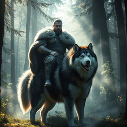 A strong and muscular Swedish warrior sitting majestically on the back of a larger Alaskan Malamute in a mystical forest