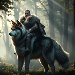 A strong and muscular Swedish warrior sitting majestically on the back of a larger Alaskan Malamute in a mystical forest