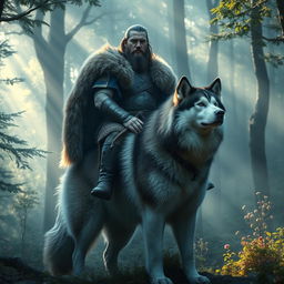 A strong and muscular Swedish warrior sitting majestically on the back of a larger Alaskan Malamute in a mystical forest