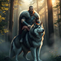 A strong and muscular Swedish warrior sitting majestically on the back of a larger Alaskan Malamute in a mystical forest
