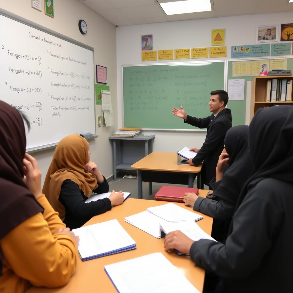A scene in an Iranian classroom where a group of students is engaged in a discussion with their teacher about solving a mathematical problem