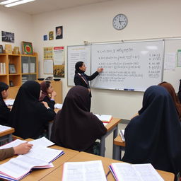 A scene in an Iranian classroom where a group of students is engaged in a discussion with their teacher about solving a mathematical problem