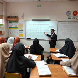 A scene in an Iranian classroom where a group of students is engaged in a discussion with their teacher about solving a mathematical problem