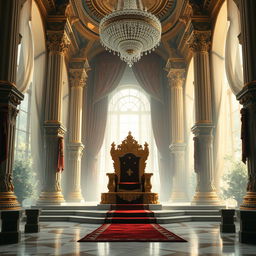 A majestic royal throne room, filled with opulent details for a fantasy novel cover