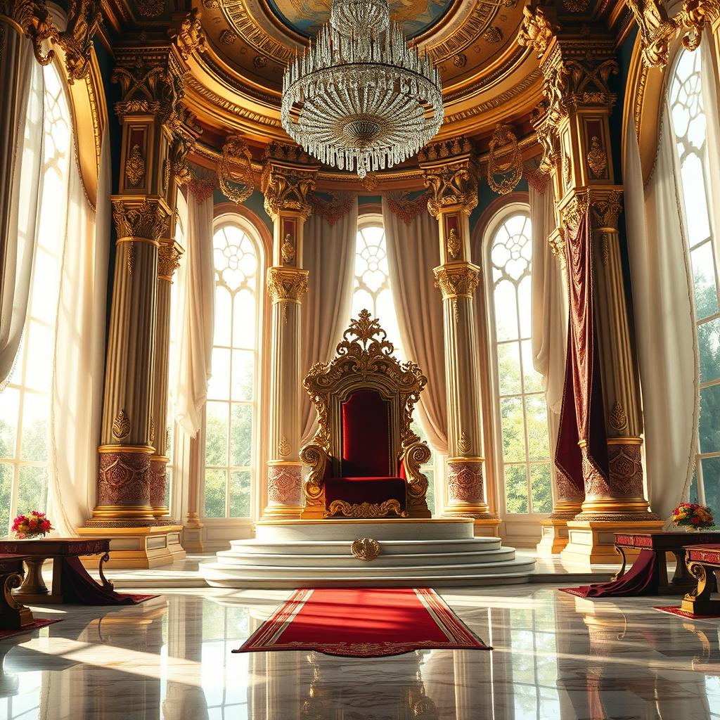 A majestic royal throne room, filled with opulent details for a fantasy novel cover