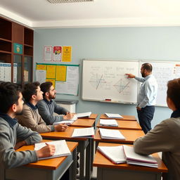 A scene in an Iranian boys' school classroom where a group of male students is engaged in a discussion with their male teacher about solving a mathematical problem