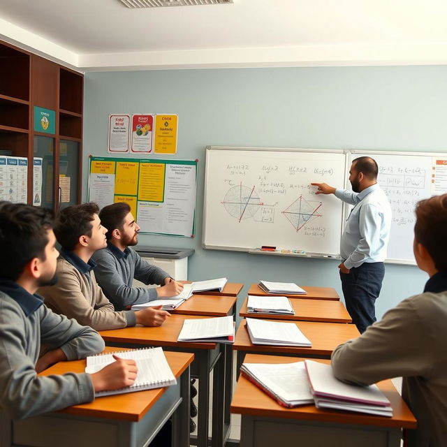 A scene in an Iranian boys' school classroom where a group of male students is engaged in a discussion with their male teacher about solving a mathematical problem