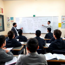 A scene in an Iranian boys' school classroom where a group of male students is engaged in a discussion with their male teacher about solving a mathematical problem