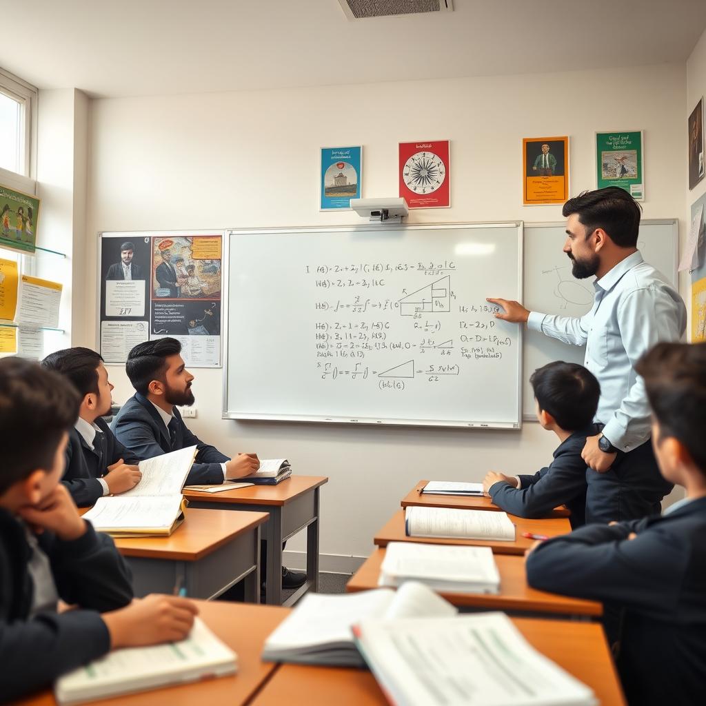 A scene in an Iranian boys' school classroom where a group of male students is engaged in a discussion with their male teacher about solving a mathematical problem