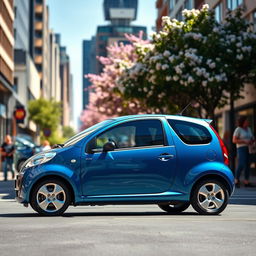 A sleek 2005 Citroen C2, showcasing its compact and sporty design, parked on a lively urban street filled with vibrant city life