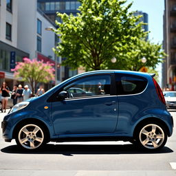 A sleek 2005 Citroen C2, showcasing its compact and sporty design, parked on a lively urban street filled with vibrant city life