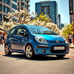 A sleek 2005 Citroen C2, showcasing its compact and sporty design, parked on a lively urban street filled with vibrant city life
