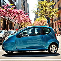 A sleek 2005 Citroen C2, showcasing its compact and sporty design, parked on a lively urban street filled with vibrant city life
