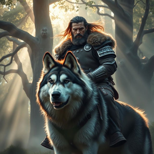 A strong and sturdy Swedish warrior sitting atop a large Alaskan Malamute in a mystical forest