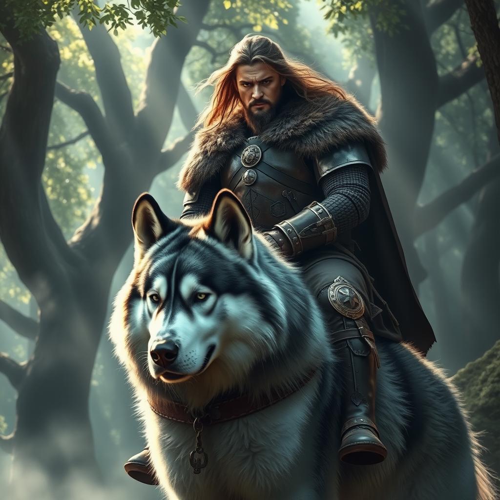 A strong and sturdy Swedish warrior sitting atop a large Alaskan Malamute in a mystical forest