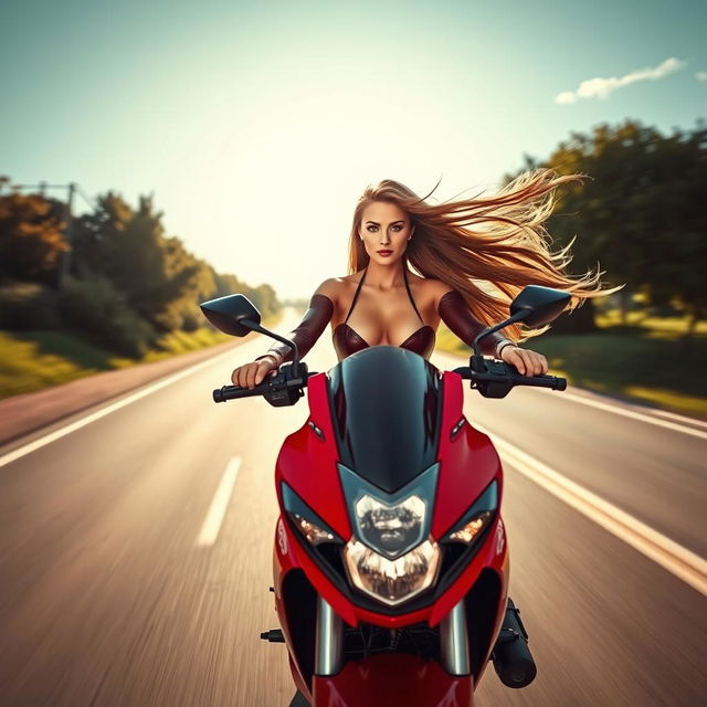 A stunningly beautiful woman in a sexy pose riding a vibrant red motorcycle