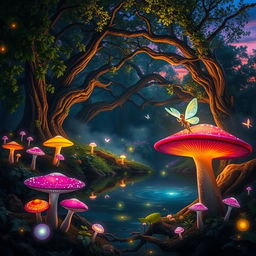 A mystical forest scene at twilight, filled with enchanting lights and vibrant, oversized mushrooms in various colors