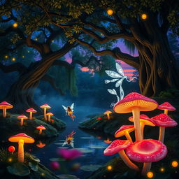 A mystical forest scene at twilight, filled with enchanting lights and vibrant, oversized mushrooms in various colors