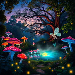 A mystical forest scene at twilight, filled with enchanting lights and vibrant, oversized mushrooms in various colors