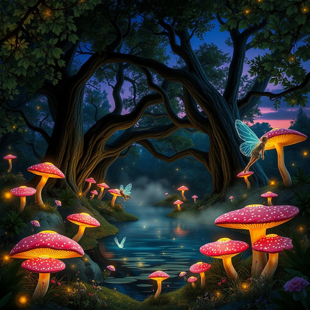 A mystical forest scene at twilight, filled with enchanting lights and vibrant, oversized mushrooms in various colors