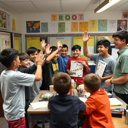 A vibrant scene in a boys' middle school classroom celebrating a successful team project