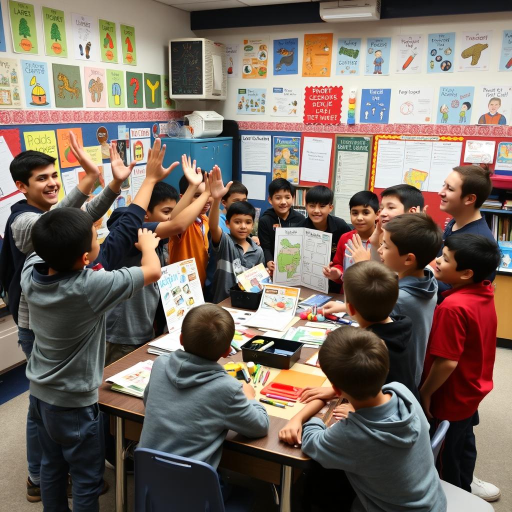 A vibrant scene in a boys' middle school classroom celebrating a successful team project