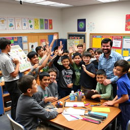 A vibrant scene in a boys' middle school classroom celebrating a successful team project