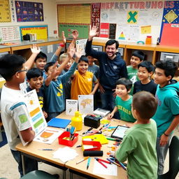 A vibrant scene in a boys' middle school classroom celebrating a successful team project