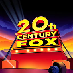A stylized illustration of the 20th Century Fox logo, featuring the iconic large illuminated letters spelling '20th Century Fox' in bold, vibrant colors