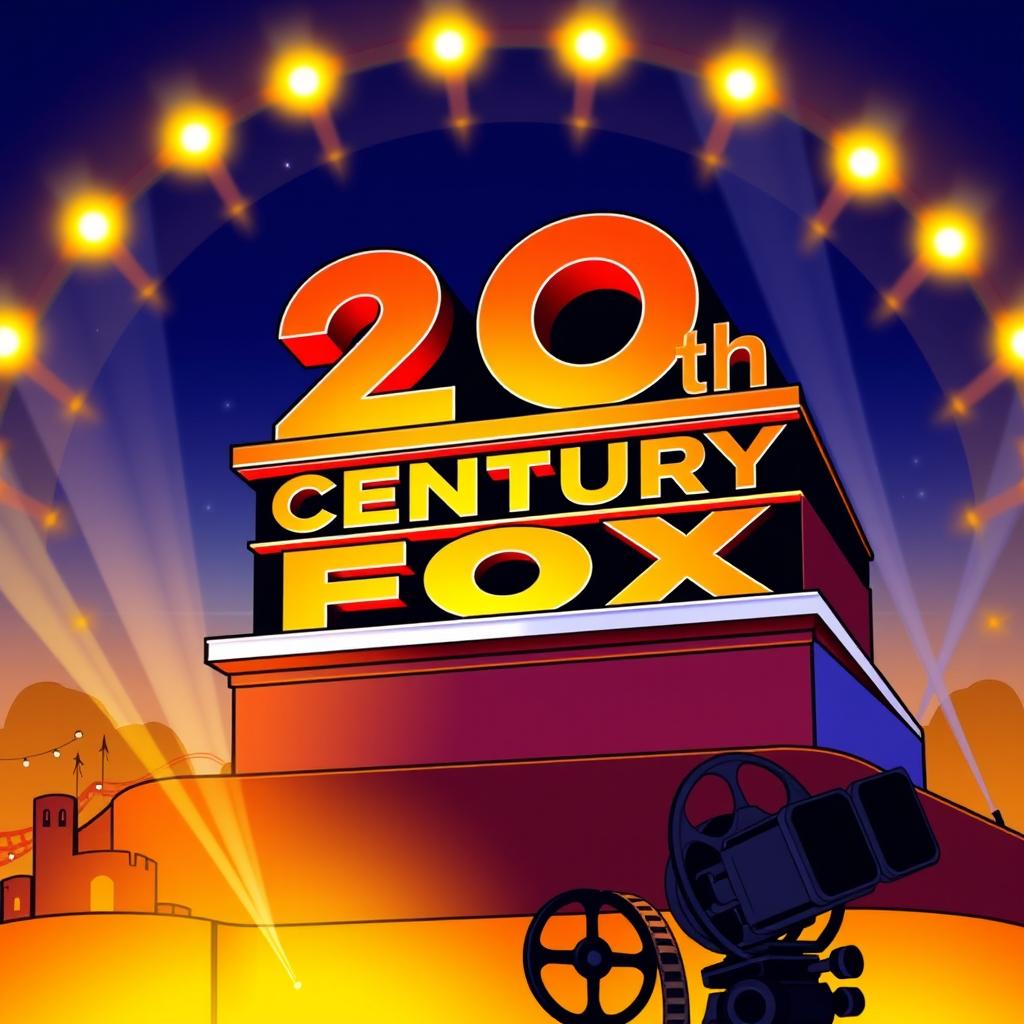 A stylized illustration of the 20th Century Fox logo, featuring the iconic large illuminated letters spelling '20th Century Fox' in bold, vibrant colors