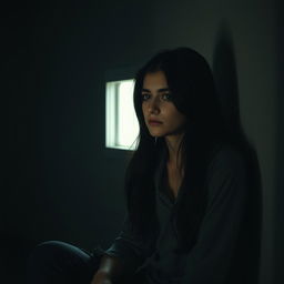 A young woman sitting alone in a dimly lit room, her expression conveying deep sadness and pain