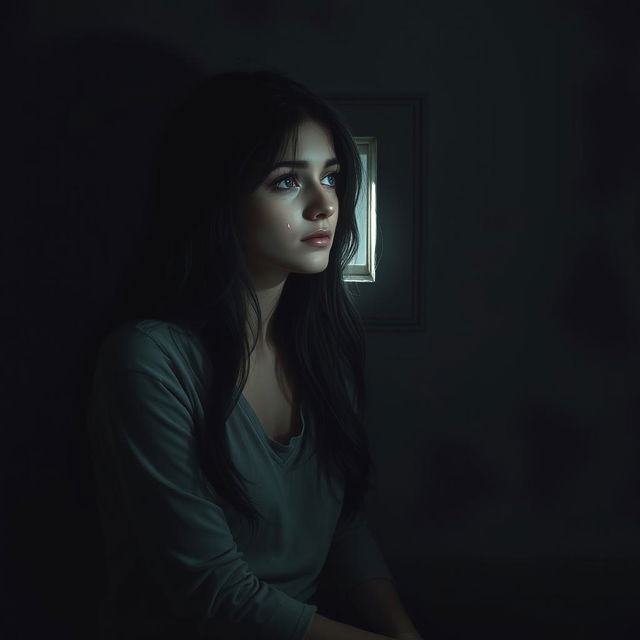 A young woman sitting alone in a dimly lit room, her expression conveying deep sadness and pain