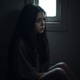 A young woman sitting alone in a dimly lit room, her expression conveying deep sadness and pain