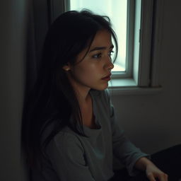 A young woman sitting alone in a dimly lit room, her expression conveying deep sadness and pain
