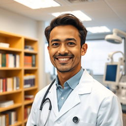 A doctor with a friendly smile wearing a white lab coat, standing in a well-lit modern clinic