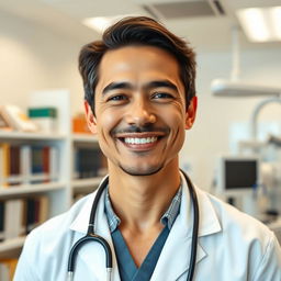 A doctor with a friendly smile wearing a white lab coat, standing in a well-lit modern clinic