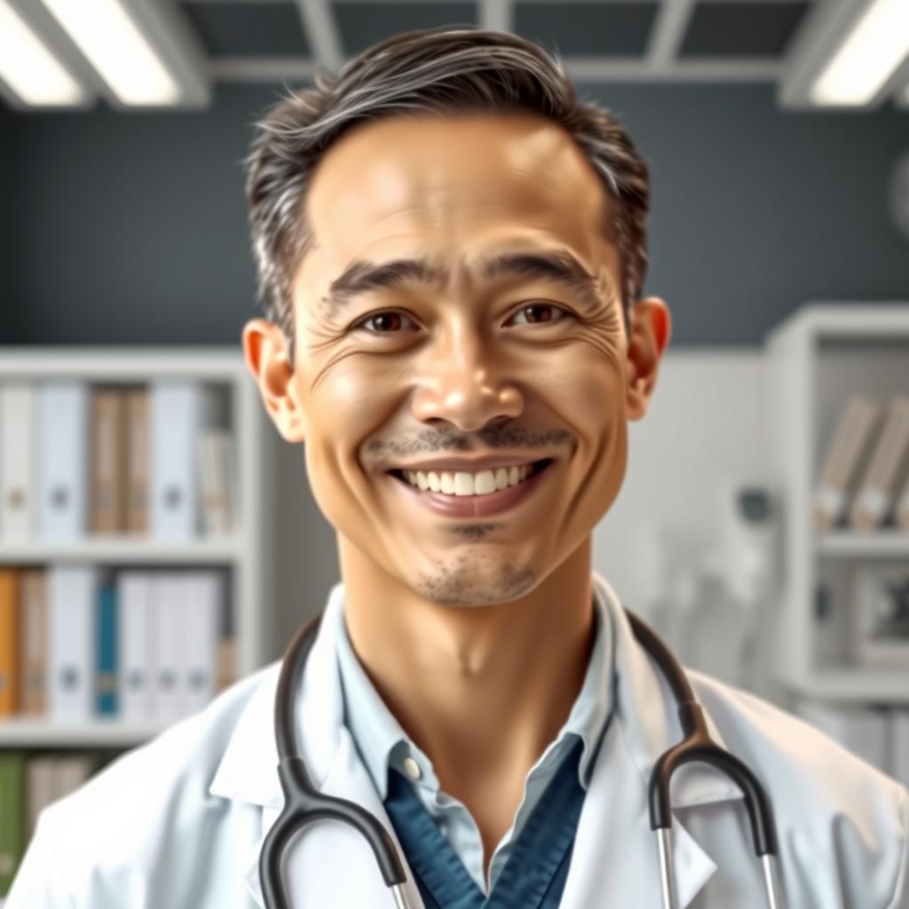 A doctor with a friendly smile wearing a white lab coat, standing in a well-lit modern clinic