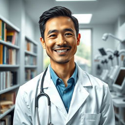 A doctor with a friendly smile wearing a white lab coat, standing in a well-lit modern clinic