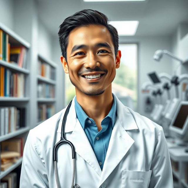 A doctor with a friendly smile wearing a white lab coat, standing in a well-lit modern clinic