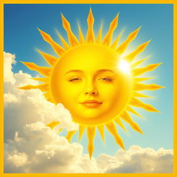 A surrealistic scene featuring a large sun in the sky with the face of a person beautifully blended into its surface
