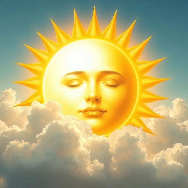 A surrealistic scene featuring a large sun in the sky with the face of a person beautifully blended into its surface