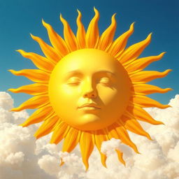 A surrealistic scene featuring a large sun in the sky with the face of a person beautifully blended into its surface