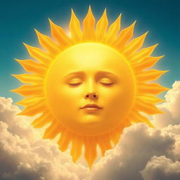 A surrealistic scene featuring a large sun in the sky with the face of a person beautifully blended into its surface