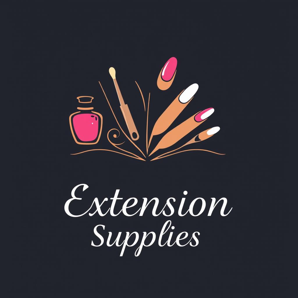 A sleek and modern logo for a nail extension supplies store, featuring elegantly stylized nail art elements such as a nail polish bottle, brush, and beautifully manicured nails
