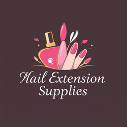 A sleek and modern logo for a nail extension supplies store, featuring elegantly stylized nail art elements such as a nail polish bottle, brush, and beautifully manicured nails