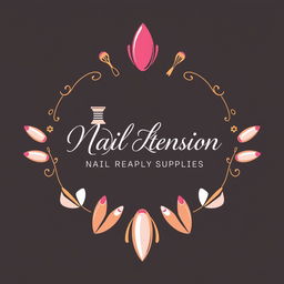 A sleek and modern logo for a nail extension supplies store, featuring elegantly stylized nail art elements such as a nail polish bottle, brush, and beautifully manicured nails