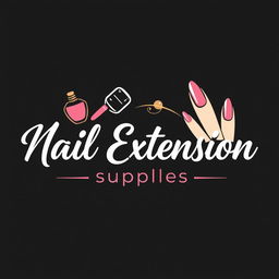A sleek and modern logo for a nail extension supplies store, featuring elegantly stylized nail art elements such as a nail polish bottle, brush, and beautifully manicured nails