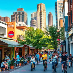 A vibrant urban street scene bustling with life, featuring a diverse group of people engaging in various activities